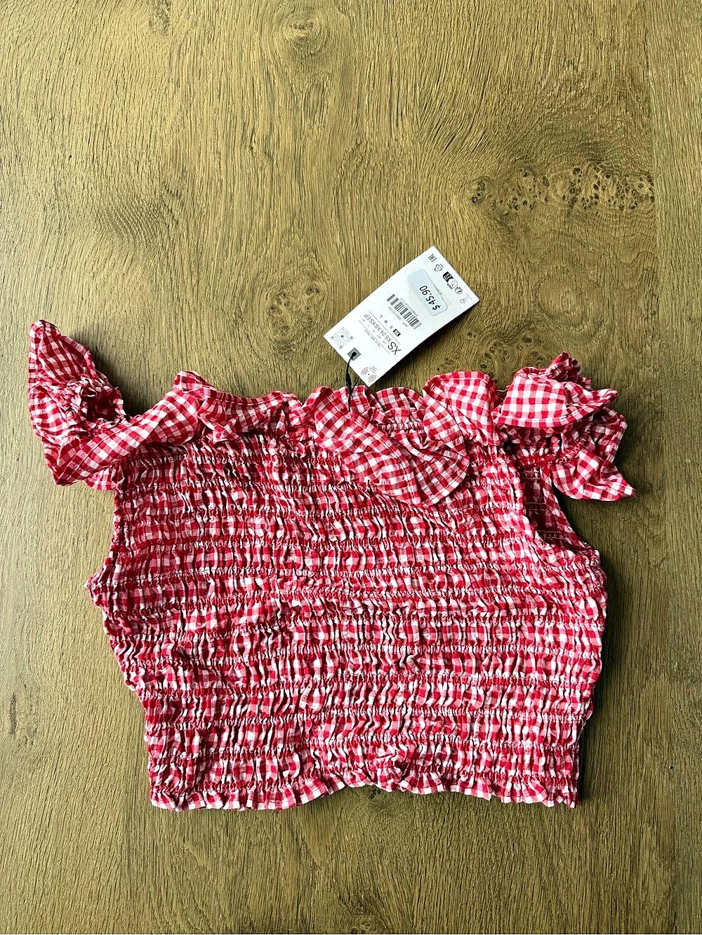 Zara Gingham Smocked Elasticized Top Red & White
